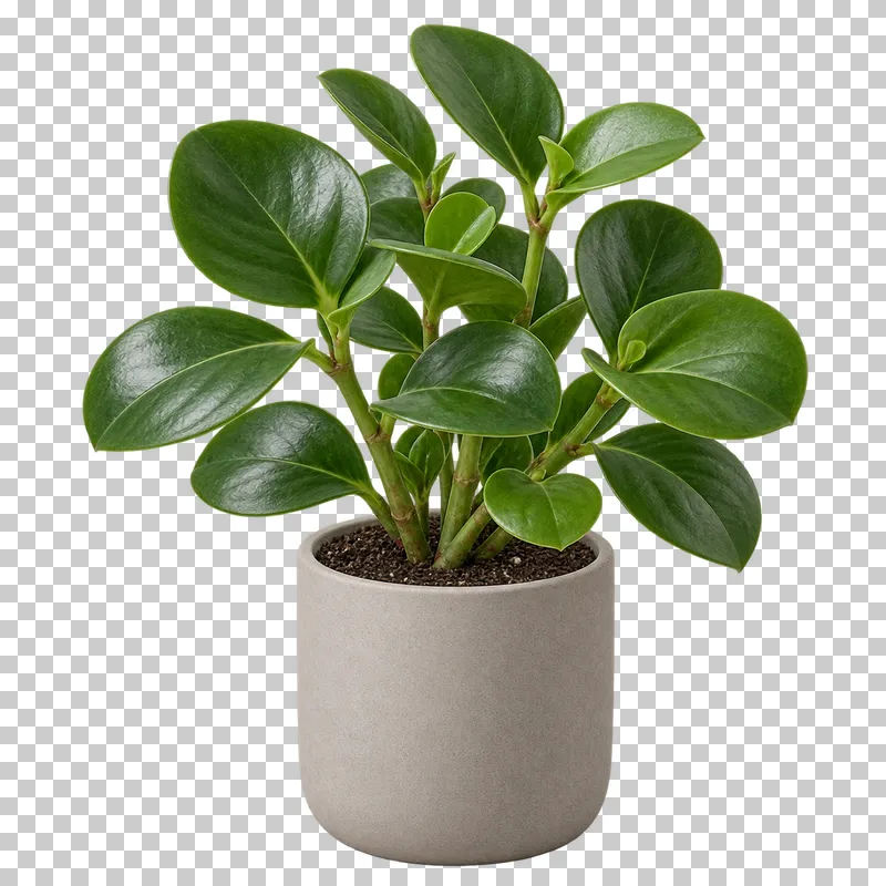Peperomia in a small pale-gray ceramic pot, with compact branching plant with thick rounded glossy green leaves.