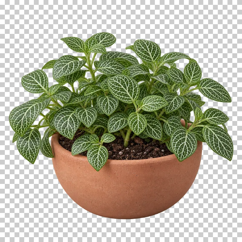 Nerve plant in a small terracotta bowl, with low spreading mound of small green leaves with fine white reticulate veins.