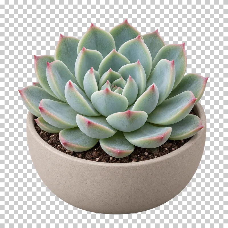 Echeveria in a small sand-colored ceramic bowl, with single compact radial rosette of powdery blue-green fleshy leaves.