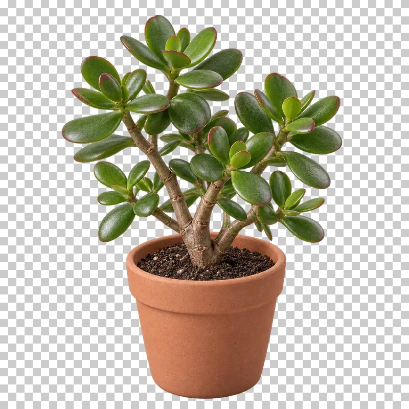Jade plant in a small unglazed terracotta pot, with miniature branching woody shrub with paired oval fleshy leaves.