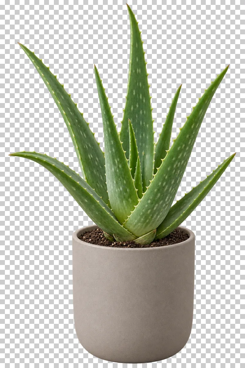 Aloe vera in a small warm-gray matte ceramic pot, with open upright rosette of fleshy pointed leaves with fine attached marginal teeth.
