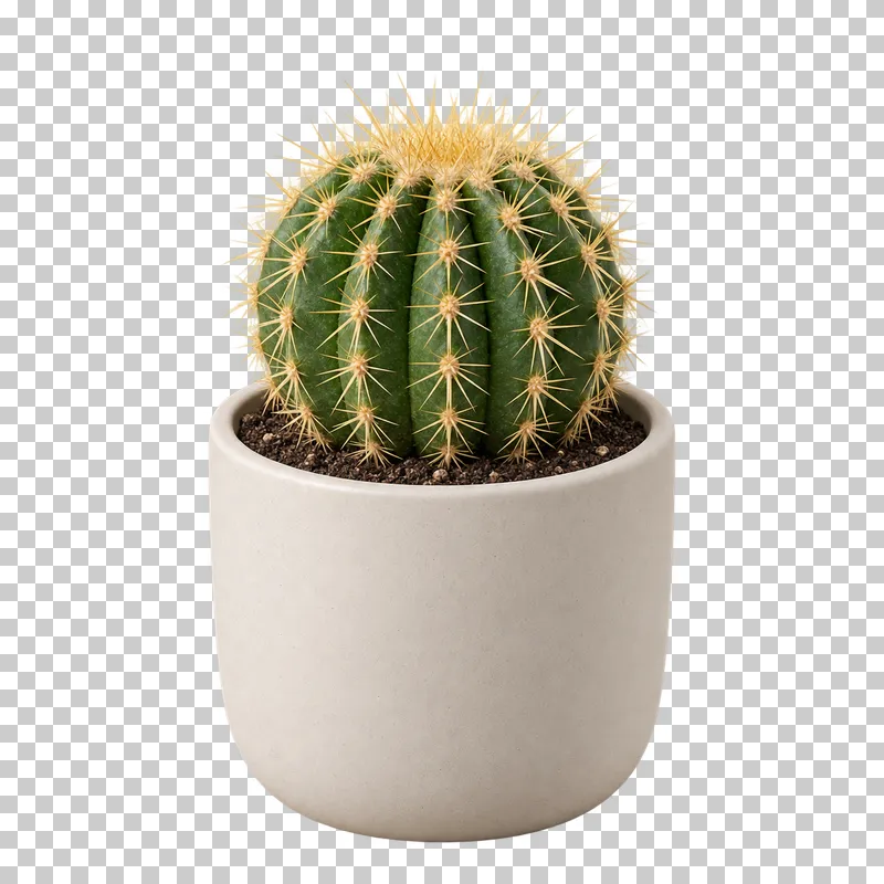 Small globular cactus in a small plain ivory ceramic pot, with one small globular ribbed cactus with anatomically attached radial spines.