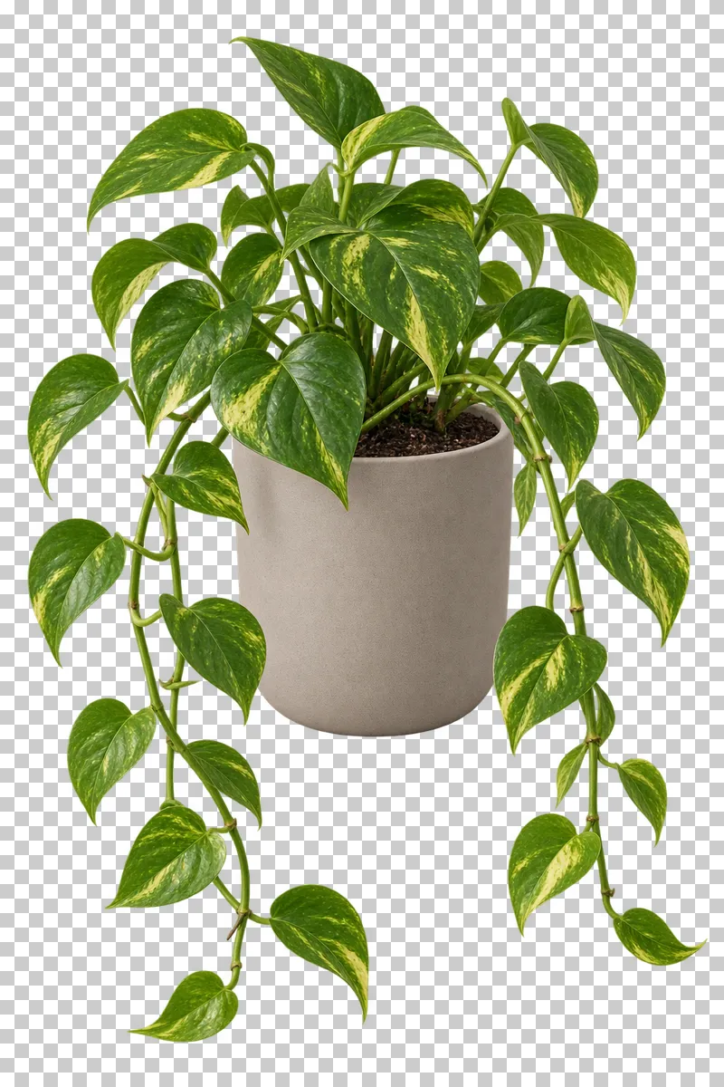 Golden pothos in a freestanding beige ceramic pot with flat base, with several asymmetric trailing vines with golden-variegated heart-shaped leaves.
