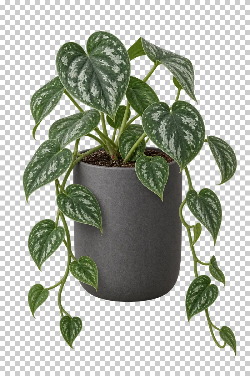 Satin pothos in a freestanding charcoal matte ceramic pot with flat base, with sparse sweeping vines with silver-spotted velvety heart-shaped leaves.