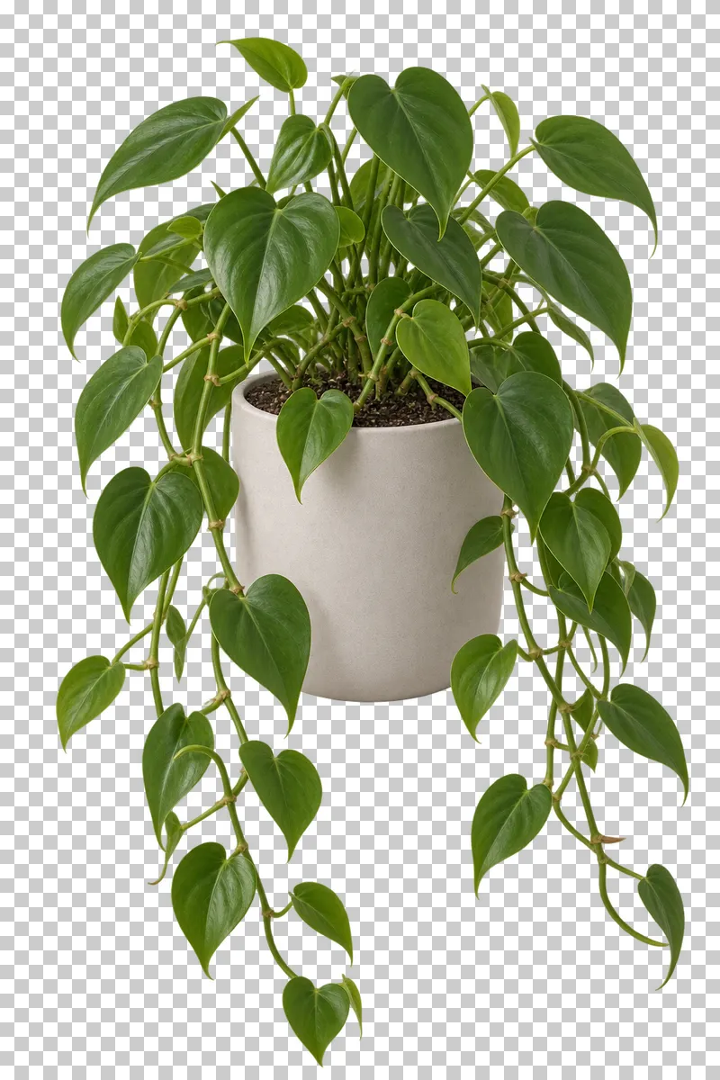 Heartleaf philodendron in a freestanding warm-white ceramic pot with flat base, with long flexible branching vines with thin solid green heart-shaped leaves.