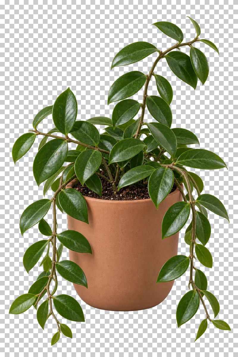 Hoya in a freestanding terracotta rounded pot with flat base, with stiffer arching and trailing stems with opposite waxy oval leaves.