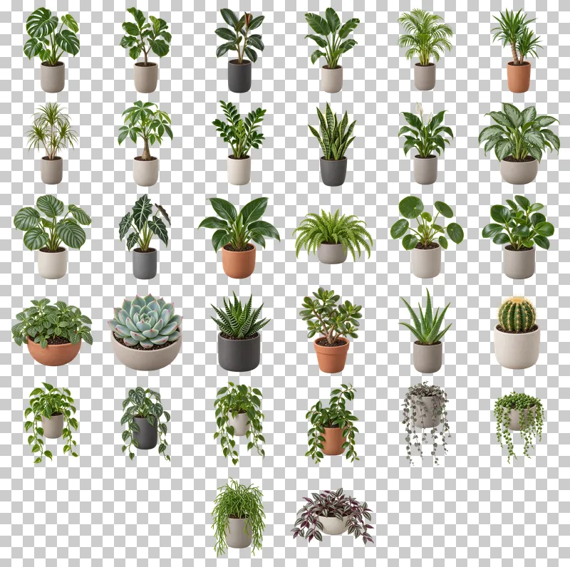 Indoor Plants and Planters Photo PNG Collection: all 32 elements in one grid