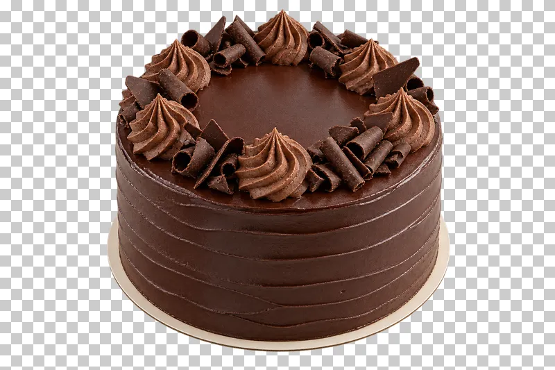 Whole chocolate cake with dark ganache, chocolate cream piping and curled chocolate decorations on a thin fitted board.