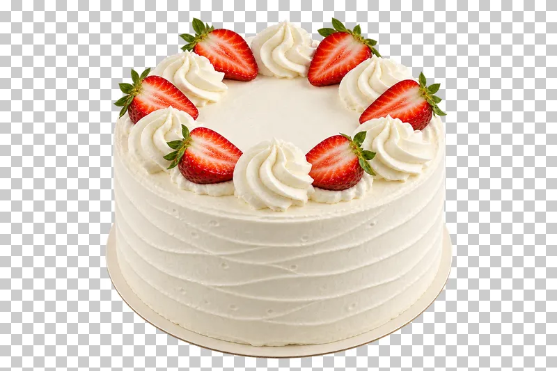 Whole strawberry cream cake with ivory whipped cream rosettes and fresh strawberry halves on a thin fitted board.