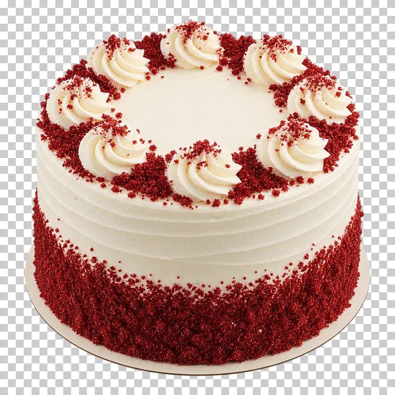 Whole red velvet cake with cream cheese frosting, red cake crumbs and piped cream decorations.