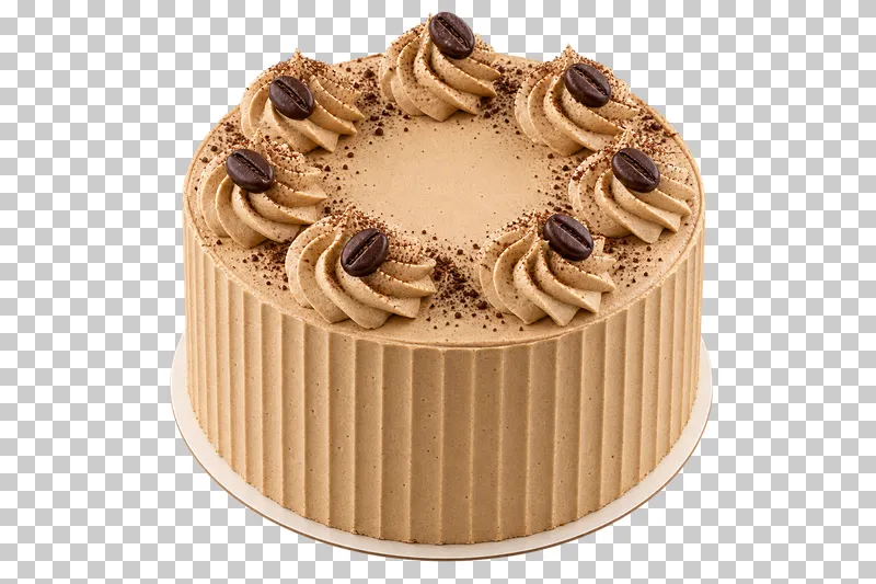 Whole coffee cream cake with vertically textured sides, mocha piping and chocolate coffee bean decorations.