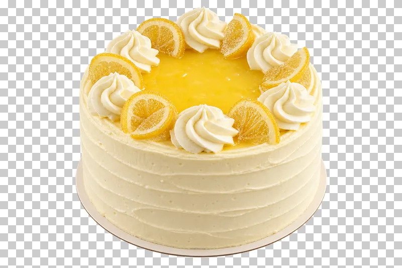 Whole lemon cake with pale cream sides, a yellow lemon curd top and candied lemon slices.