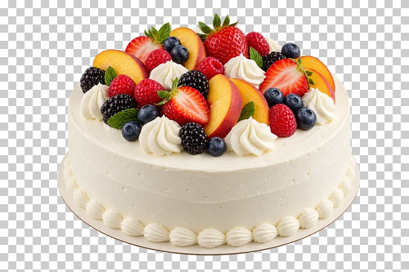 Whole fruit cake with light cream, berries, peach slices and a piped shell border.