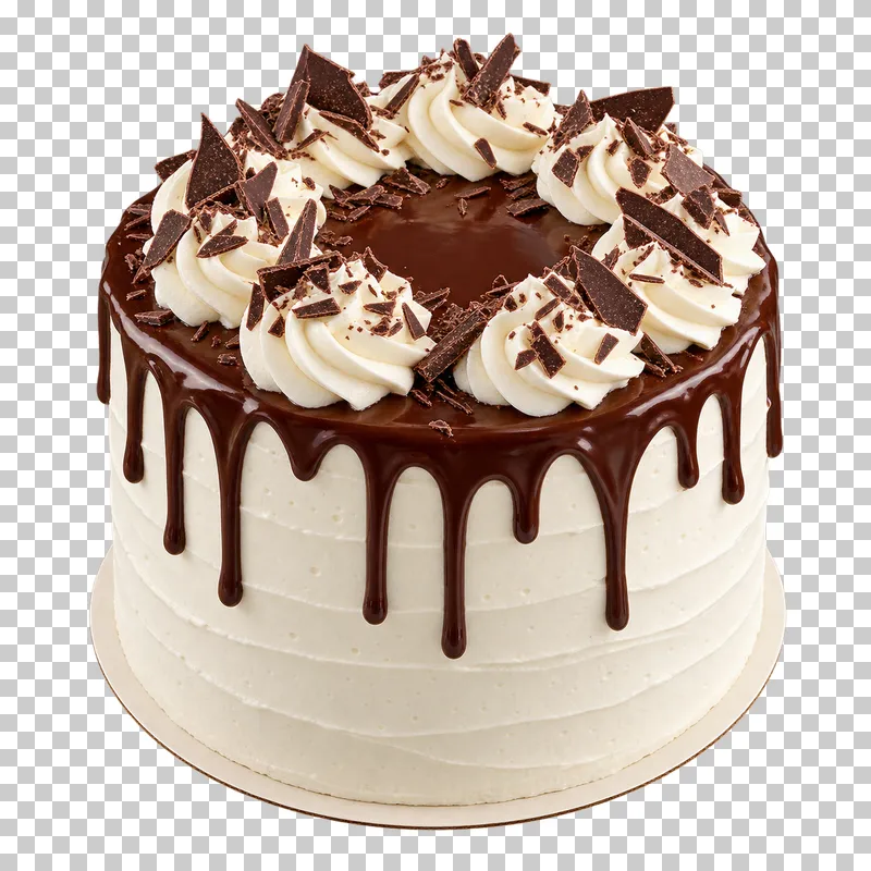 Ivory cream cake with dark chocolate drip icing, cream rosettes and chocolate shards.