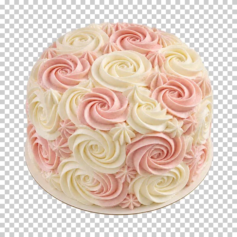 Whole cake covered with distinct ivory and blush buttercream rosettes.