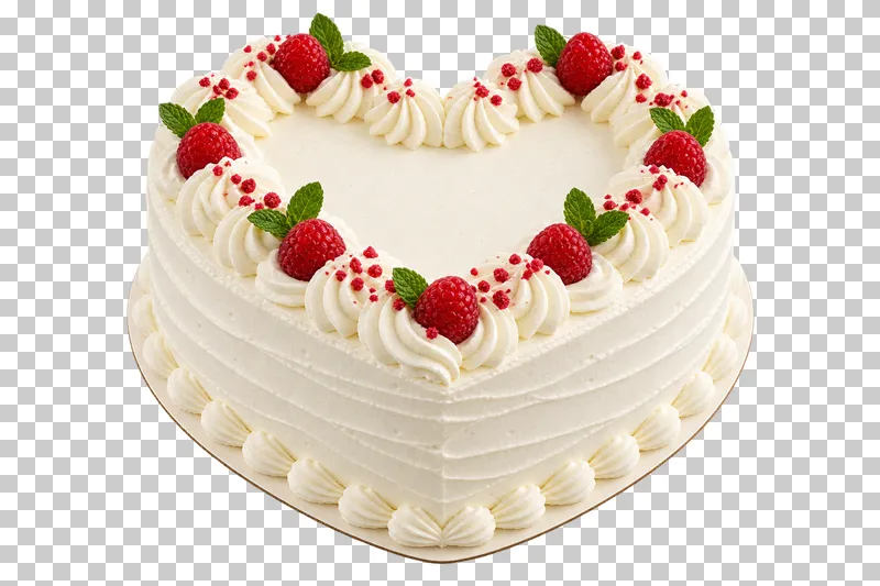 Heart shaped cream cake with piped borders, raspberries and a thin heart shaped board.