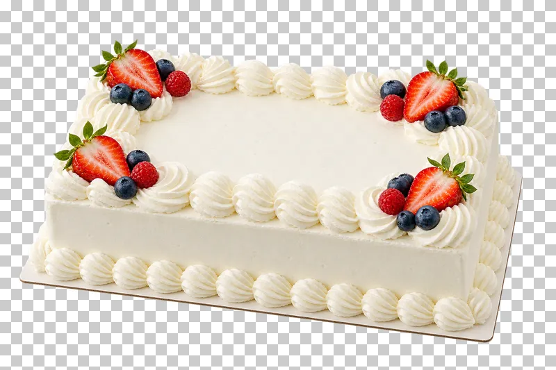 Rectangular cream cake with straight sides, piped shell borders and berries near the corners.