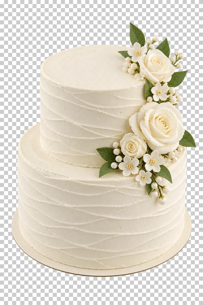 Two tier ivory wedding cake with centered tiers and a cascade of white sugar flowers.