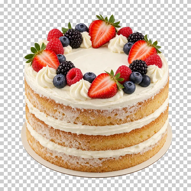 Naked cake with three vanilla sponge layers, two cream fillings and fresh berries on top.