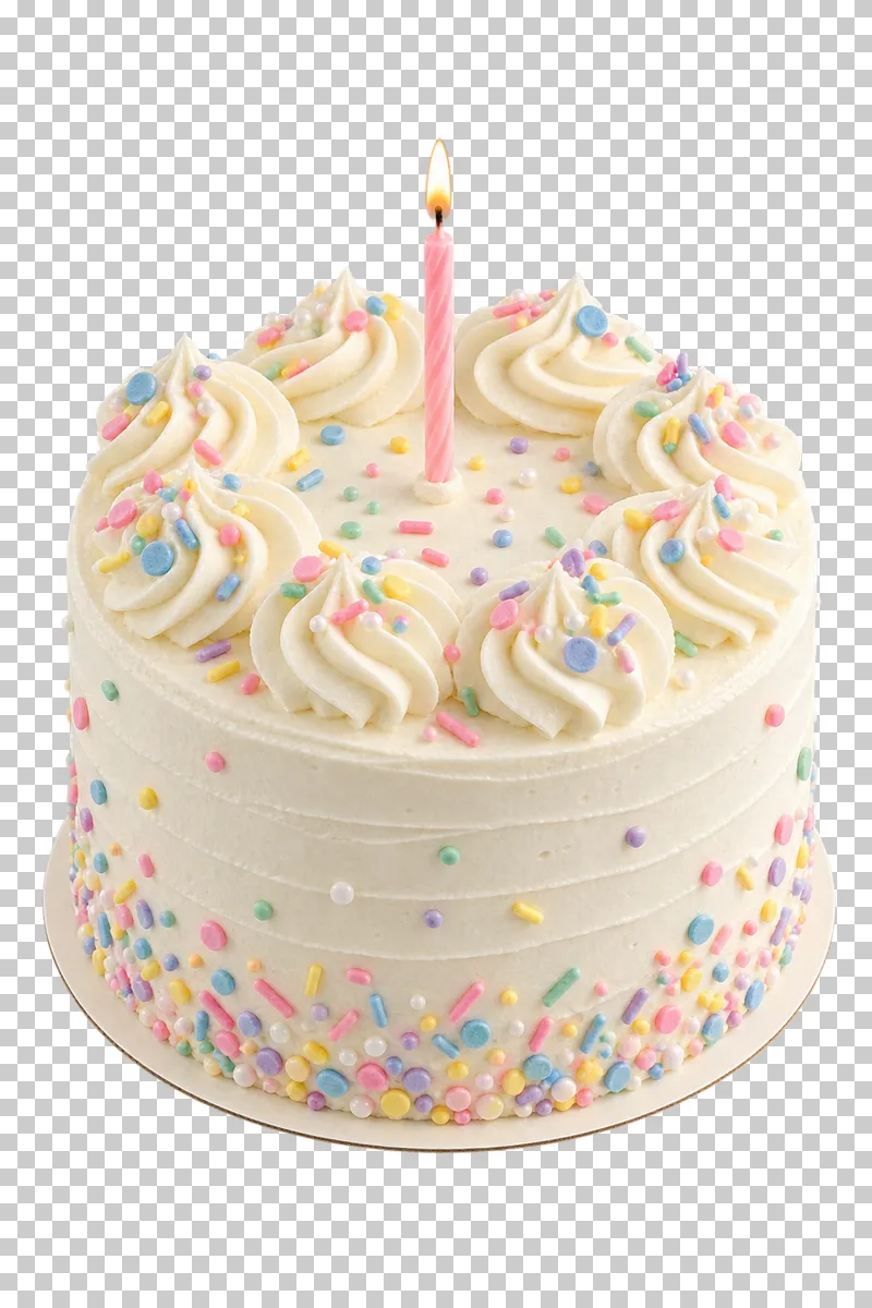 Pastel celebration cake with sugar sprinkles and exactly one plain pink candle with a small flame.