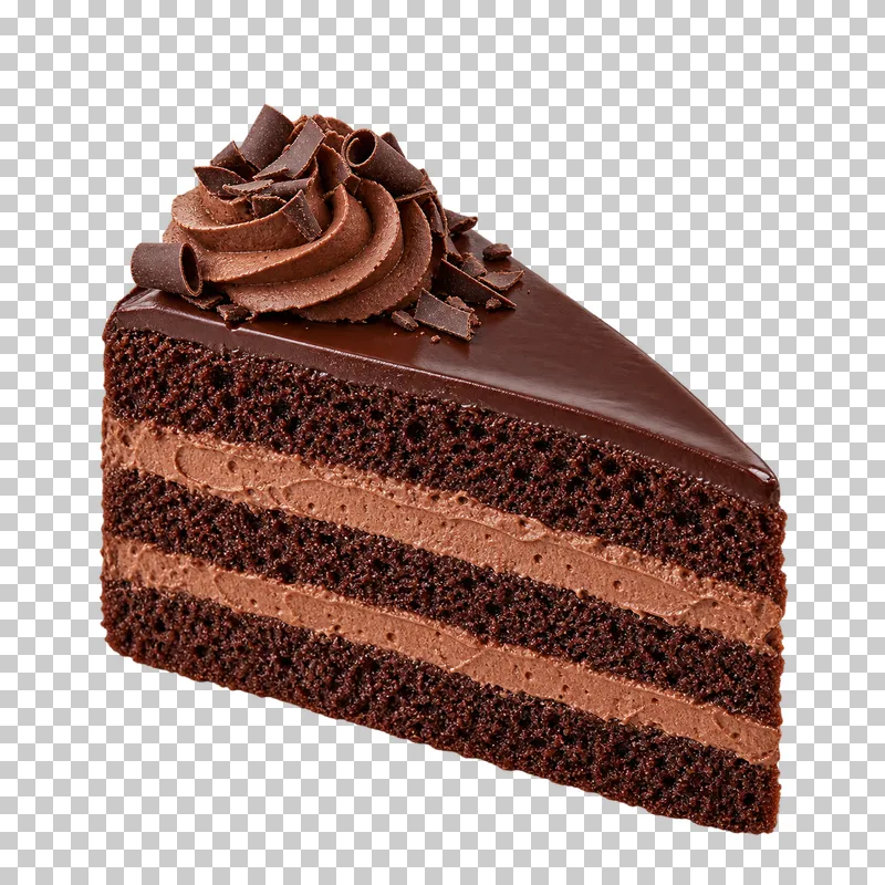 Chocolate cake slice showing three dark sponge layers, chocolate cream filling and a thin ganache top.