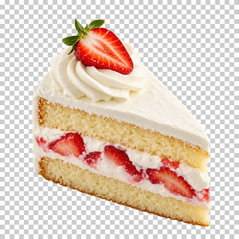 Strawberry cream cake slice with two vanilla sponge layers, visible strawberry filling and a strawberry half on top.
