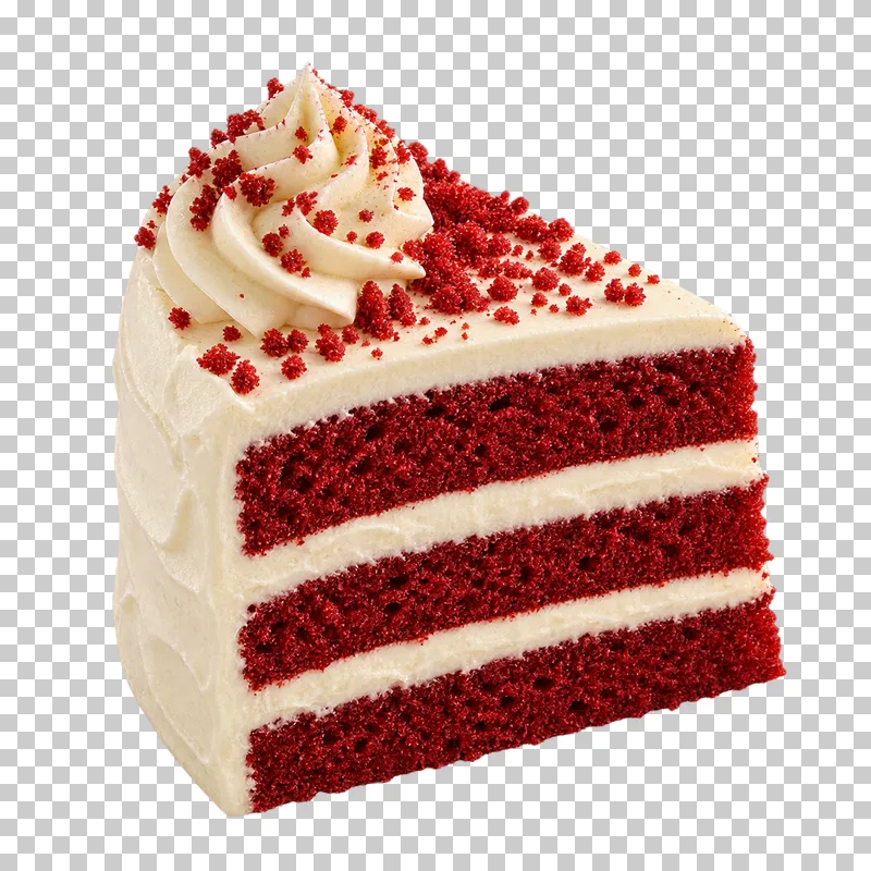 Red velvet cake slice with three red sponge layers, cream cheese filling and frosting.