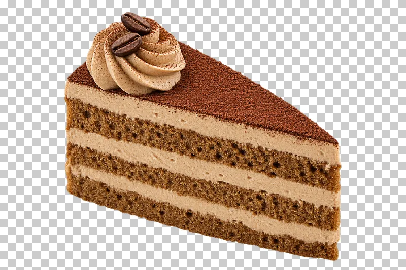 Coffee cake slice with three coffee sponge layers, mocha cream filling and a cocoa dusted top.