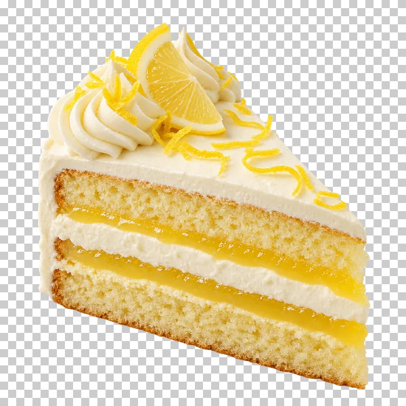 Lemon cake slice showing separate sponge, yellow lemon curd and ivory cream layers.
