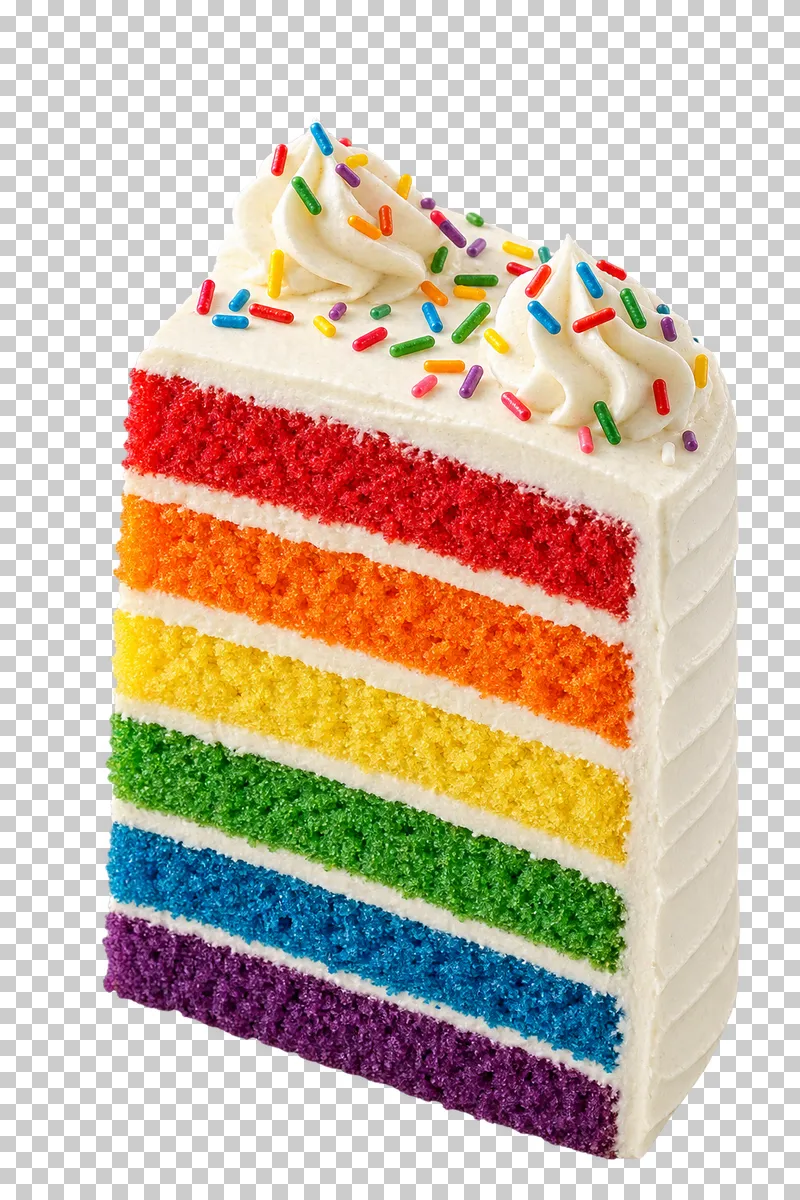 Tall rainbow cake slice with six colored sponge layers, five thin cream fillings and white frosting.