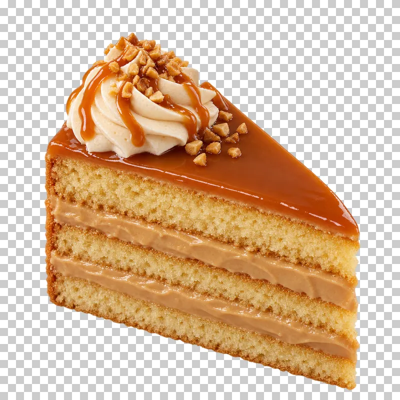 Caramel cake slice with three golden sponge layers, caramel cream filling and a glossy caramel top.