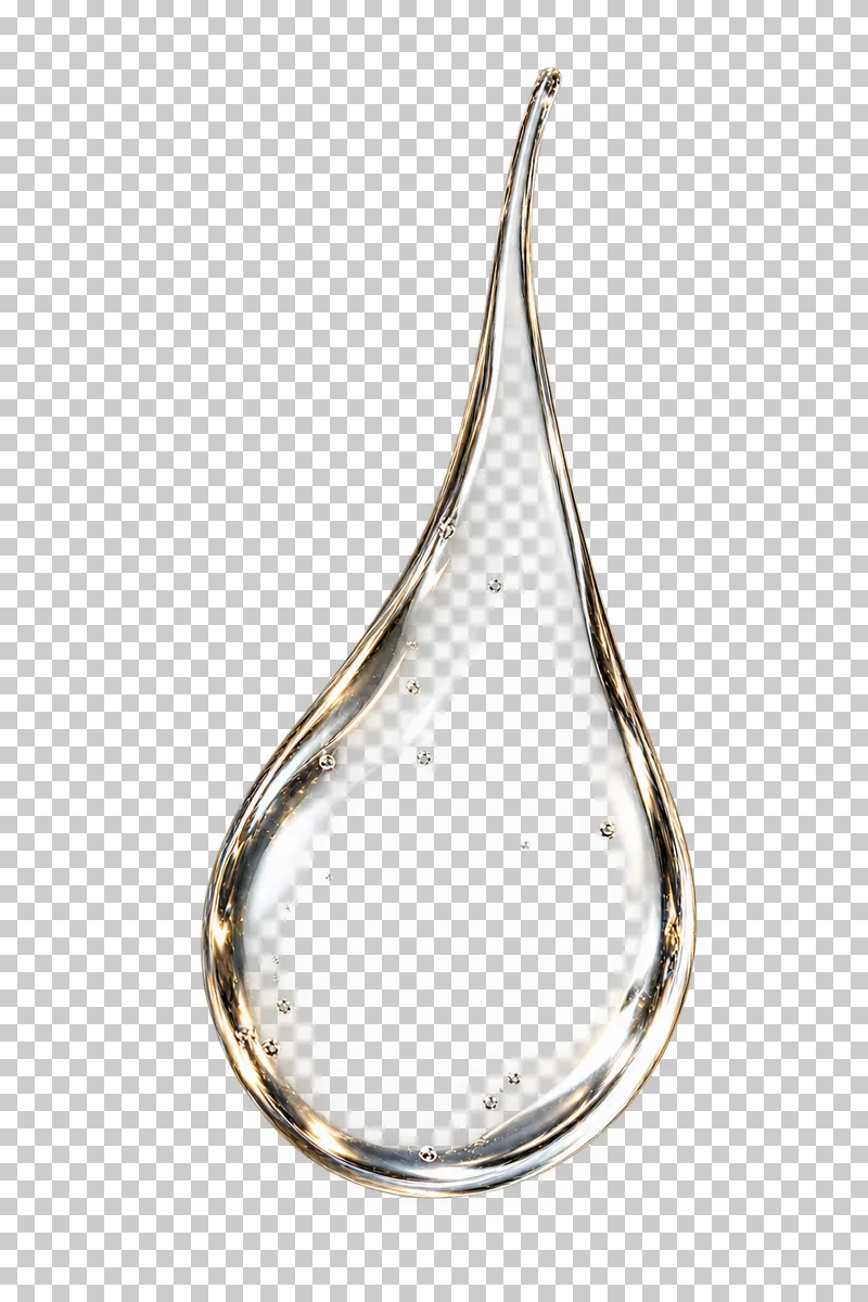 Long clear serum teardrop with a fine taper.
