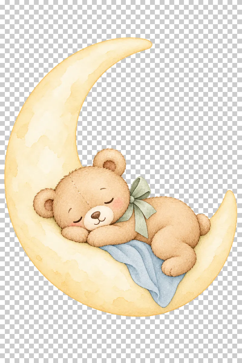 Watercolor illustration of sleeping teddy bear on a crescent moon.