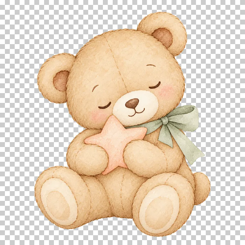 Watercolor illustration of teddy bear holding a star.