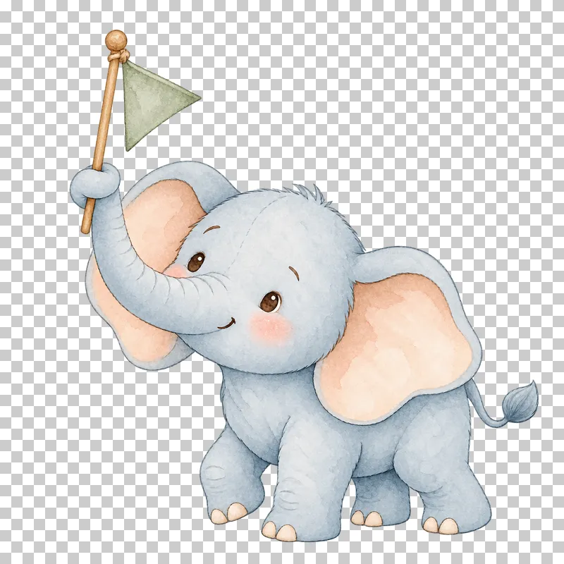 Watercolor illustration of baby elephant with a pennant.