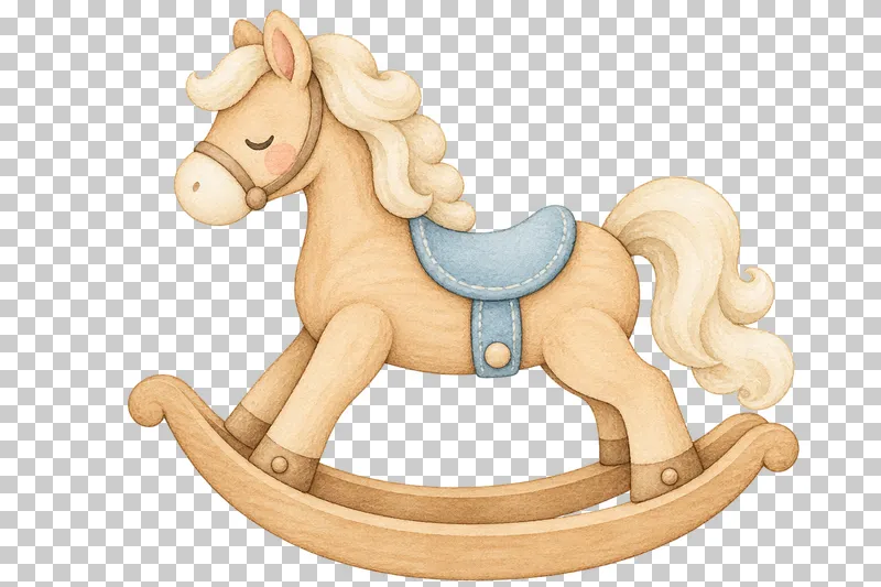 Watercolor illustration of wooden rocking horse.