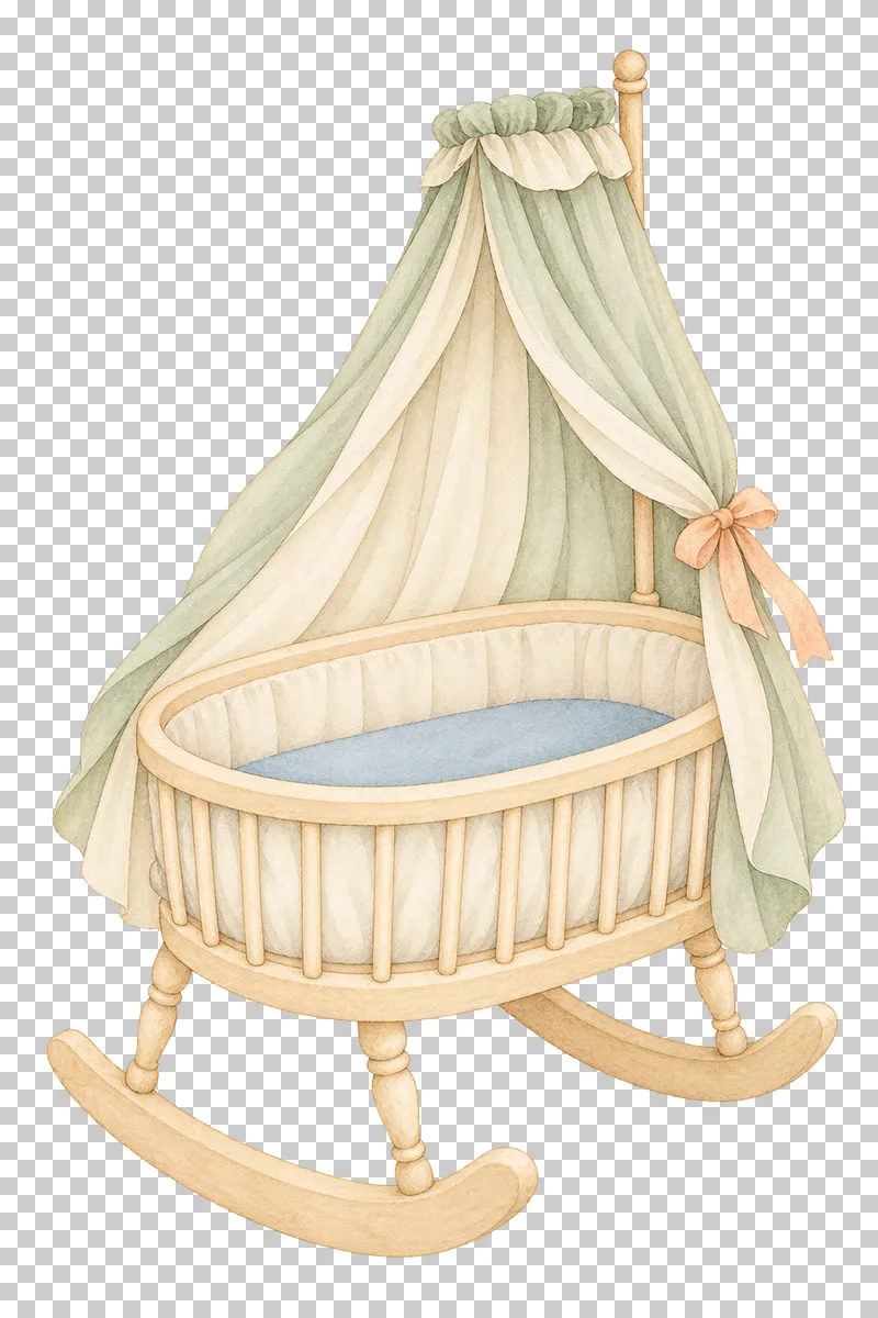 Watercolor illustration of cradle with a canopy.