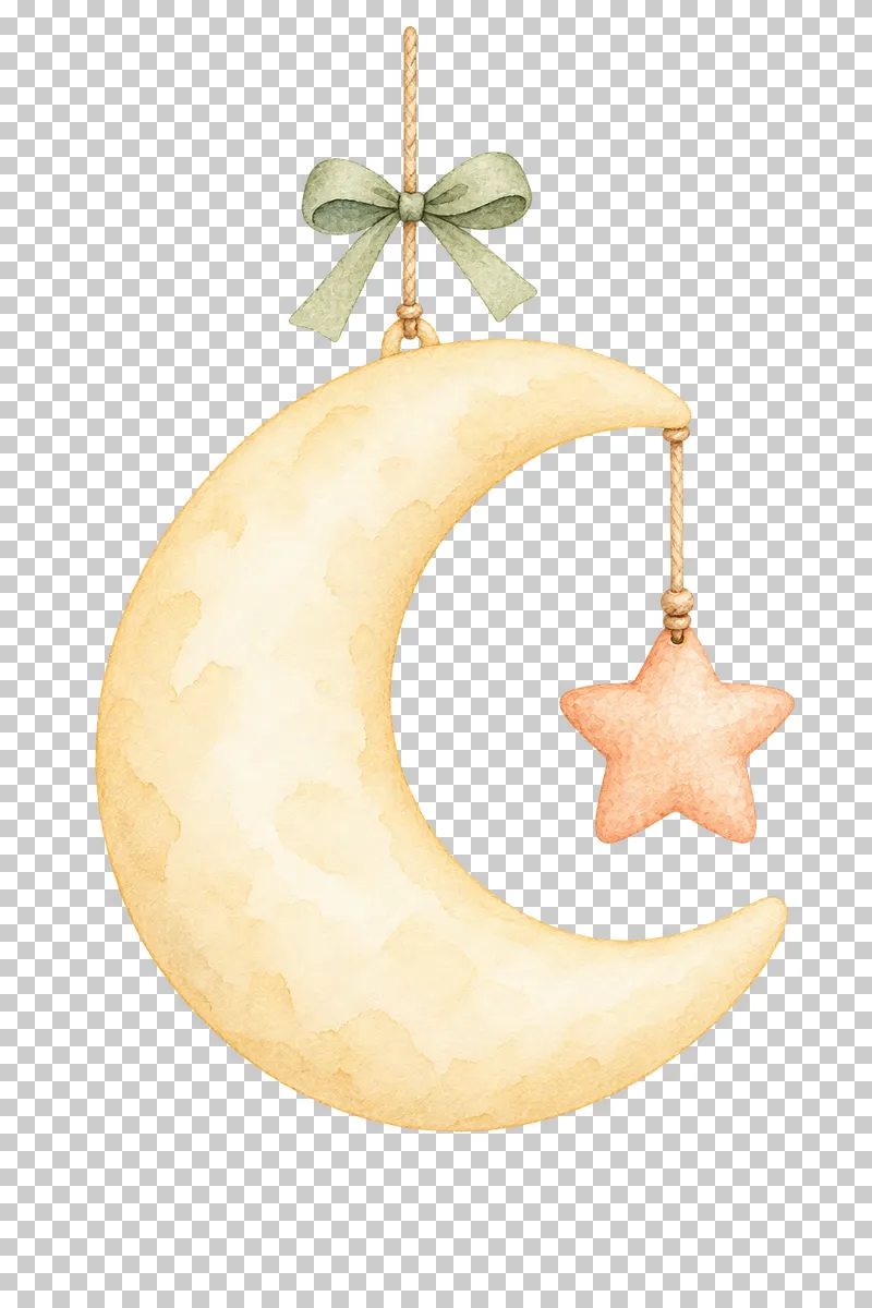 Watercolor illustration of crescent moon hanging ornament.