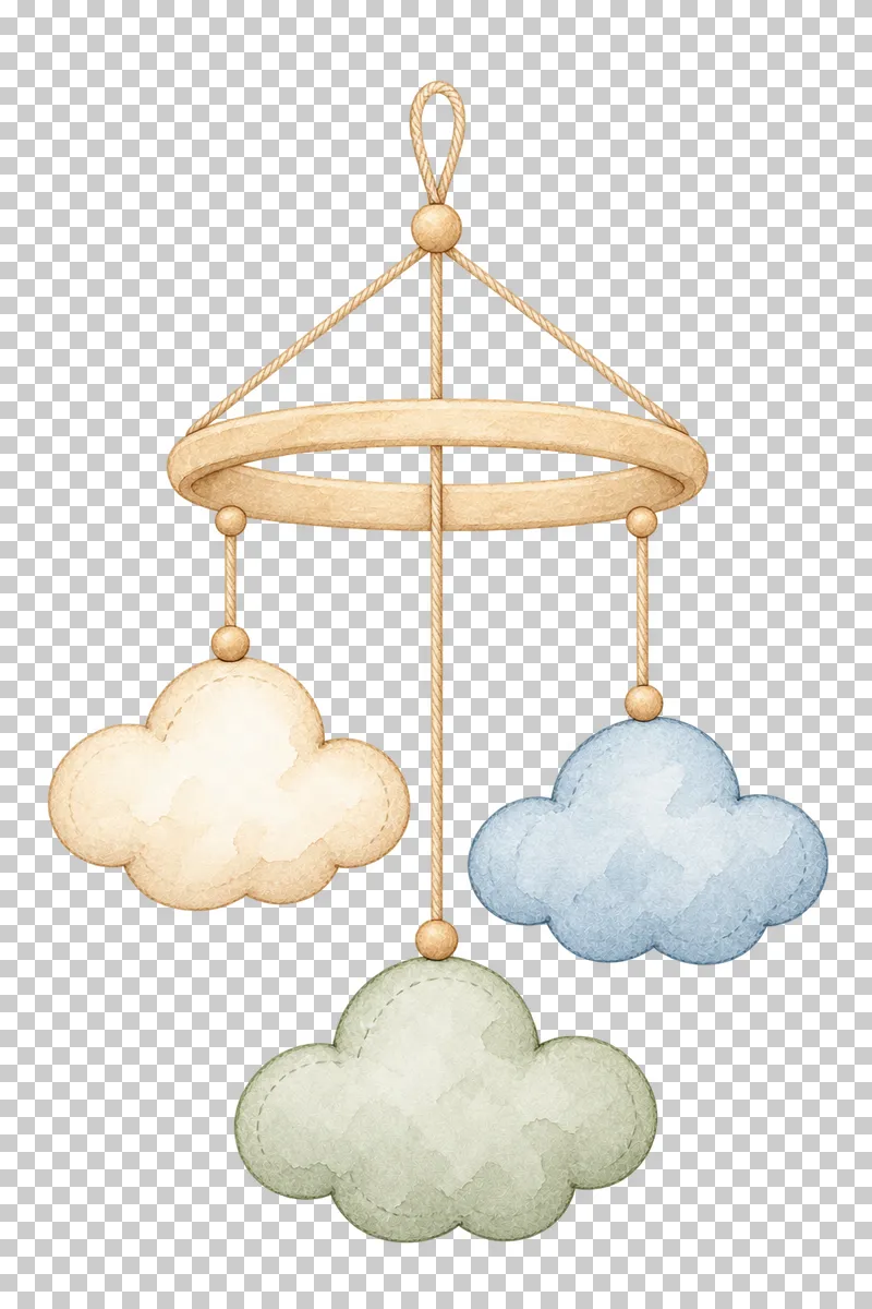 Watercolor illustration of mobile with clouds.