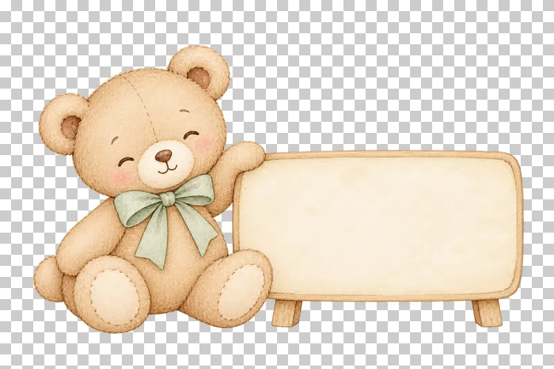 Watercolor illustration of teddy bear beside a blank sign.