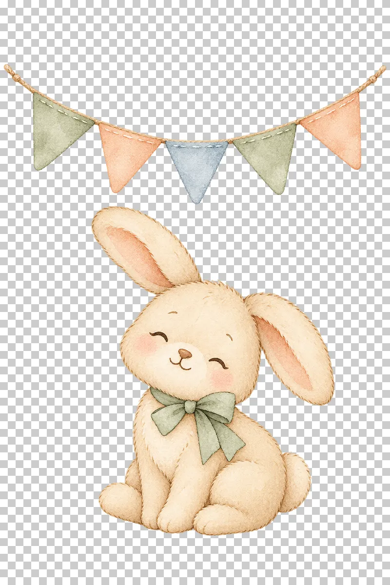 Watercolor illustration of bunny under a garland.