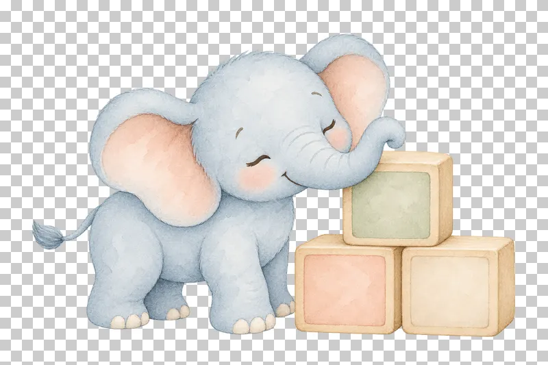 Watercolor illustration of baby elephant beside wooden blocks.
