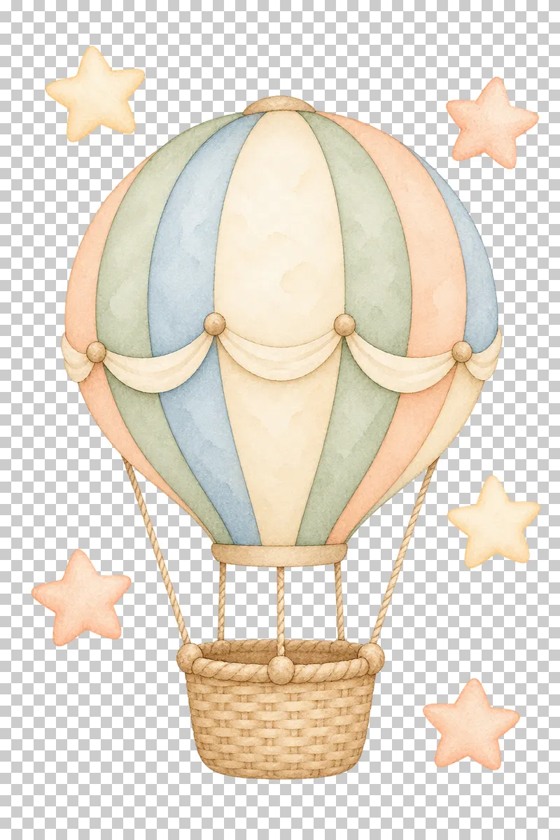 Watercolor illustration of hot air balloon surrounded by stars.