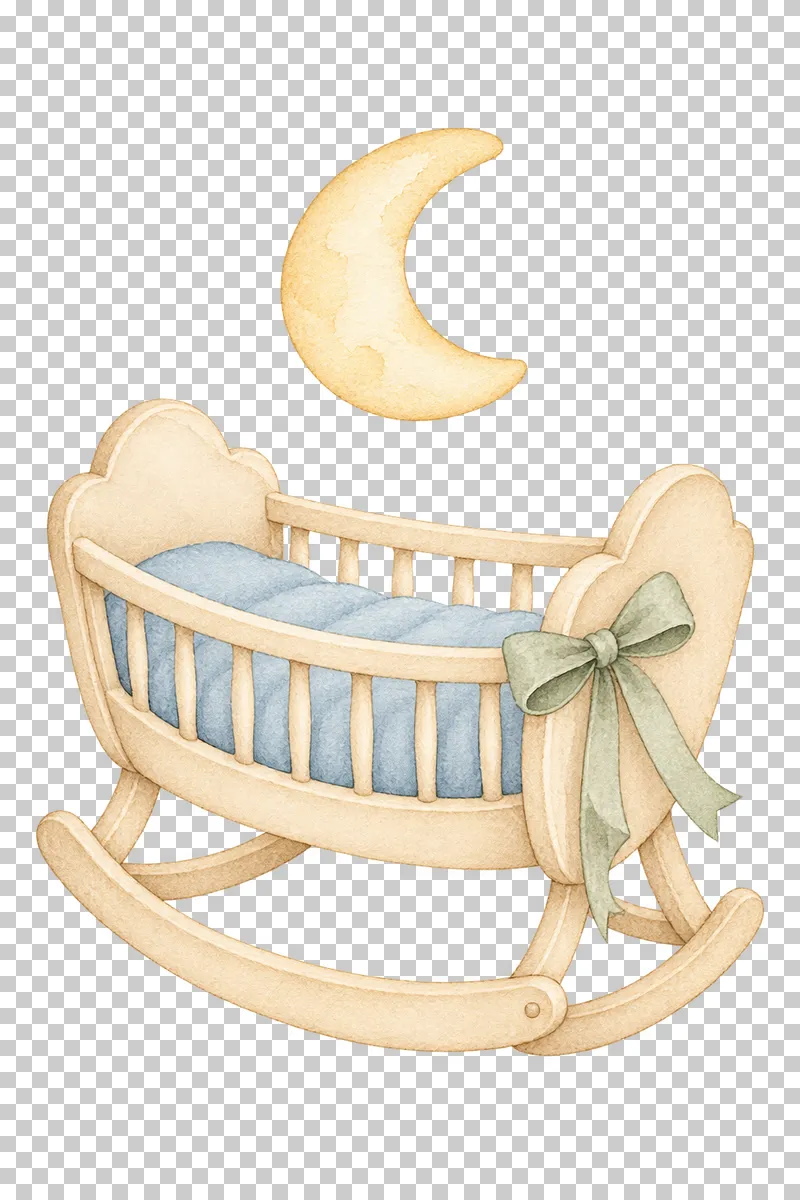 Watercolor illustration of cradle with a moon above it.