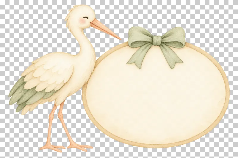 Watercolor illustration of stork beside a blank medallion.