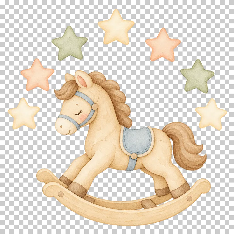 Watercolor illustration of rocking horse under an arch of stars.