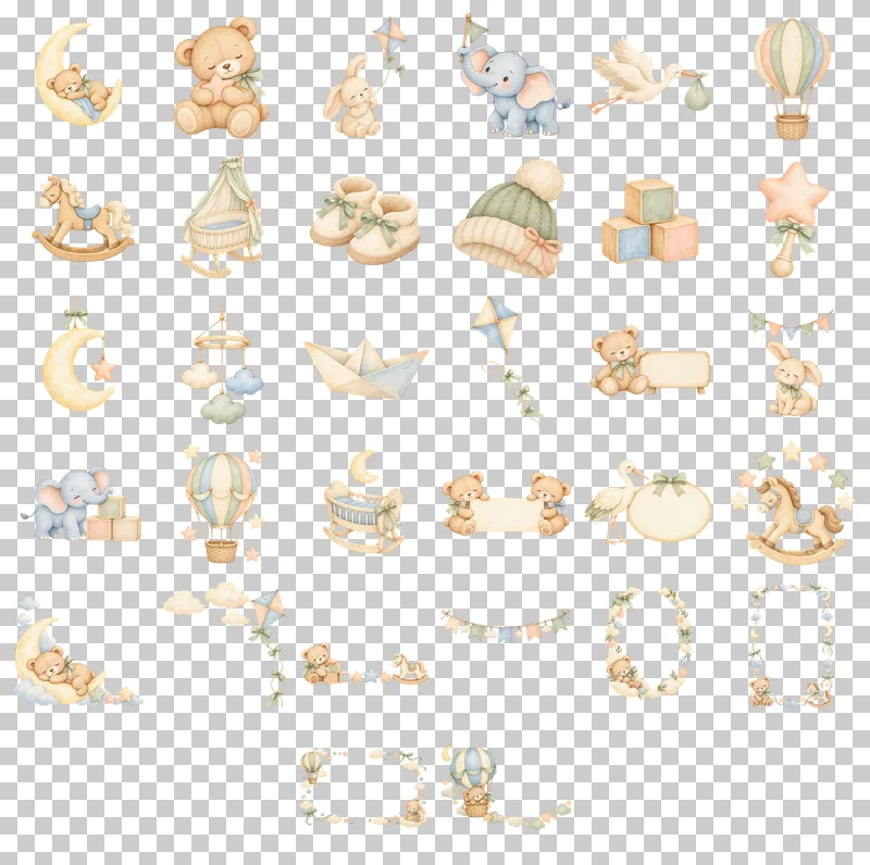 Baby Shower and Newborn Celebrations Watercolor PNG Collection: all 32 elements in one grid
