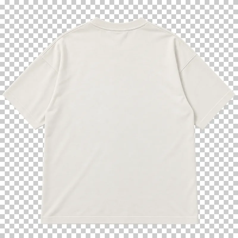 Back of the matching cream oversized T-shirt, with dropped shoulders, wide sleeves and an uninterrupted rear panel.