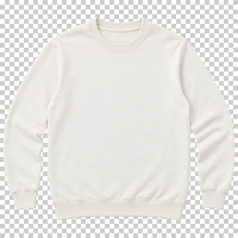Front of a cream crewneck sweatshirt laid flat, with ribbed cuffs, collar and hem around a blank chest.