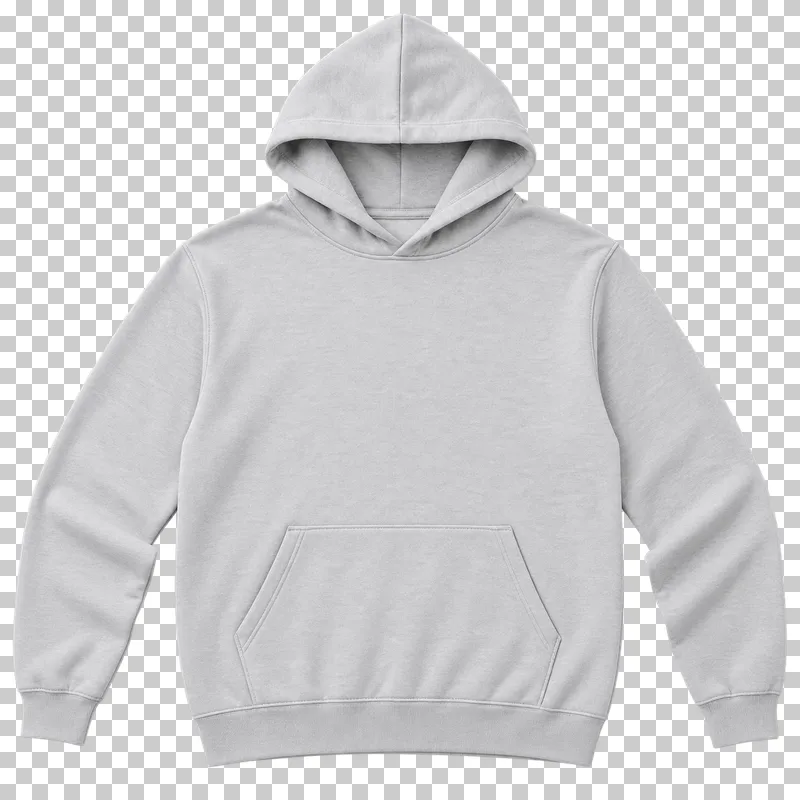 Front of a light gray hoodie laid flat, with a raised hood, a blank chest and a lower kangaroo pocket.
